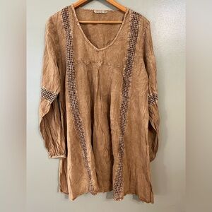 Anandas Brown V-Neck Women's Top Long Sleeves Rayon Tunic Lagenlook L